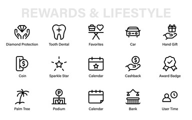 Modern premium rewards and lifestyle line icons with banking, calendar, award, gift, dental, travel, security, and finance elements