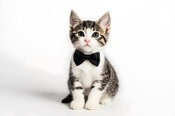 Cute Kitten in Bow Tie Poses for Stylish Portrait on White Background