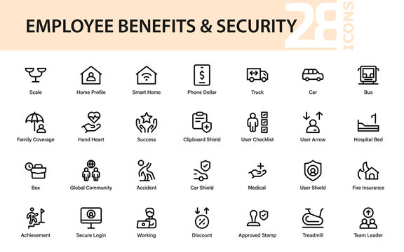 Employee benefits, insurance, healthcare, achievement, security, and workplace service line icons – modern minimal set for HR, office, and business use