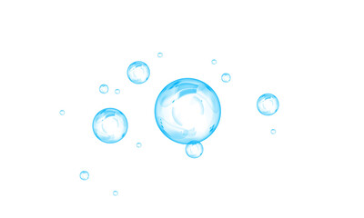 Set of realistic blue soap bubbles in various sizes. Bubbles are located on a transparent background. Water glass bubble realistic