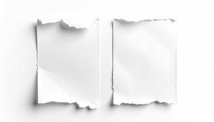 Two square pieces of white paper, torn at the edges, lie on a white background, slightly overlapping.  Shadows suggest texture and dimension