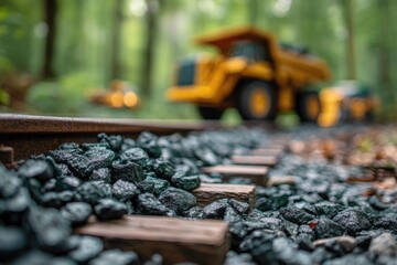 Naklejka premium Close-up of railway tracks, gravel ballast, and a blurred yellow dump truck in a forest
