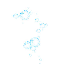 Set of realistic blue soap bubbles in various sizes. Bubbles are located on a transparent background. Water glass bubble realistic