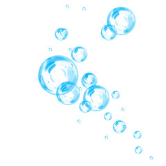 Blue soap bubbles, liquid sphere, foam freshness, underwater floating, vibrant dew, abstract shine, washing concept.