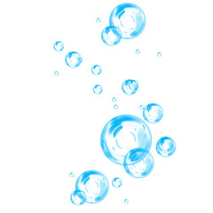 Transparent blue soap bubbles with glossy surface, floating in the air with light reflection. Delicate round sphere with crystal clear liquid drop effect. 