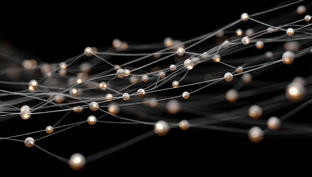 Abstract network of connected spheres.  A complex network of  light-golden spheres connected by translucent lines against a dark background.  The spheres and lines create a flowing, dynamic pattern