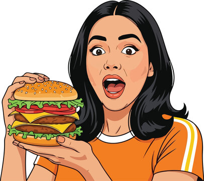 A young girl with burger vector illustration