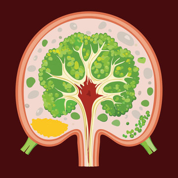 Detailed illustration showing a segmented area of the gastrointestinal tract affected by Crohn's disease featuring deep ulcers and the characteristic cobblestone mucosal pattern