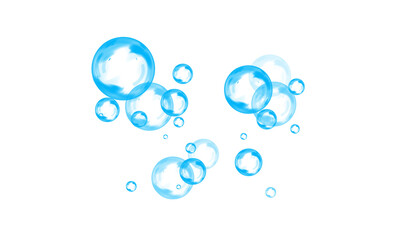 Transparent blue soap bubbles with glossy surface, floating in the air with light reflection. Delicate round sphere with crystal clear liquid drop effect. 