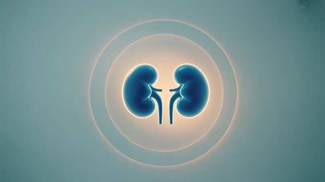 Illustration of human kidneys with glowing outline on a soft blue background