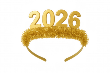 Golden 2026 number headband for new year's eve celebration, festive party accessory, transparent background