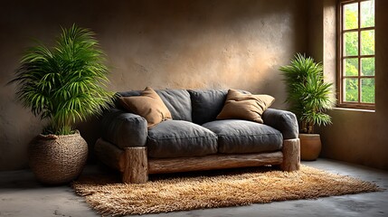 A realistic high-definition photo of a neutral-toned living room with plush sofa and rug.