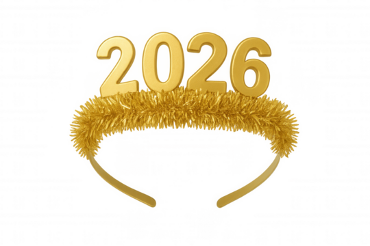 Golden 2026 number headband for new year's eve celebration, festive party accessory, transparent background