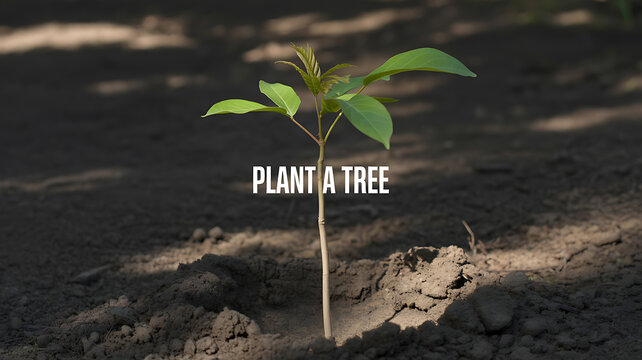A young sapling planted in soil with the text 'PLANT A TREE' overlaid, symbolizing environmental conservation and reforestation efforts.