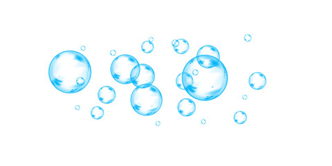 Transparent blue soap bubbles with glossy surface, floating in the air with light reflection. Delicate round sphere with crystal clear liquid drop effect.