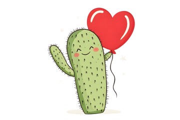 Cute Cactus Character Holding Heart Balloon in Cheerful Design