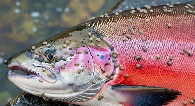 Close-up of a Salmon with Parasites.