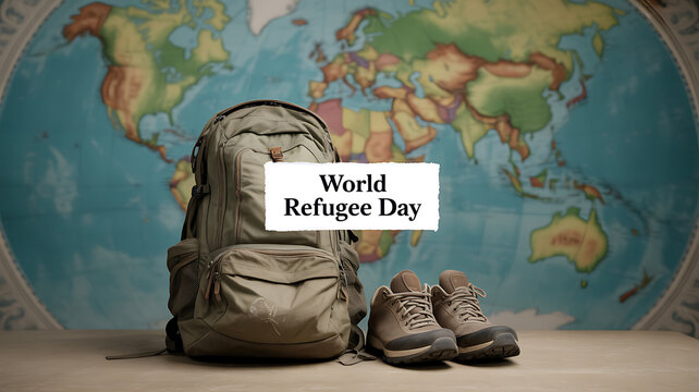 Backpack and shoes placed in front of a world map with 'World Refugee Day' text