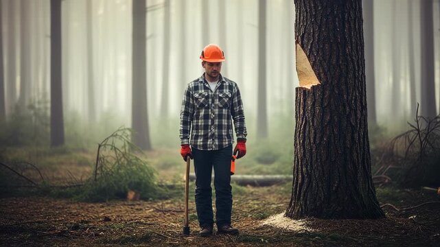 Lumberjack man making an initial cut in a tree with an axe in a misty forest, showing logging industry work footage.