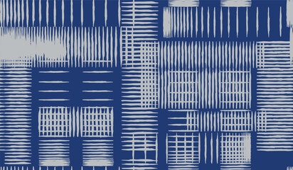 Seamless Japanese inspired pattern featuring hand drawn brush lines in indigo and grey. Minimal yet textured, echoing sashiko, shibori, and traditional textile design.