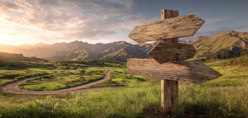The rustic signpost guiding travelers through a picturesque mountain landscape.