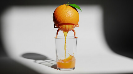 Whimsical Orange Squeezing Fresh Juice into a Glass with Playful Legs