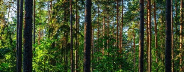 Fototapeta premium The Pine Forest Bathed in Warm Sunlight Through Tall Straight Trunks and Lush Greenery