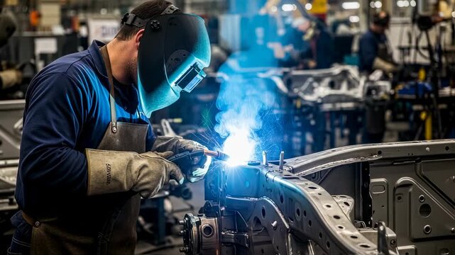 Manufacturing worker welding car chassis in industrial plant. Automobile production line with skilled labor creating metal frames footage.