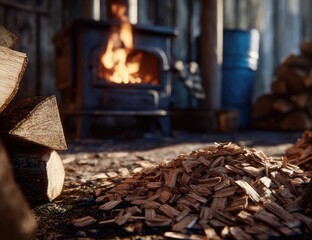 Wood stove and wood chips in rustic setting