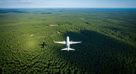 Airplane Flying Over Lush Green Forest.