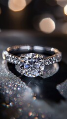 A brilliant-cut diamond engagement ring, set in a platinum or white gold band with pave diamonds on the shoulders, is shown on a dark, reflective surface with bokeh lights in the background