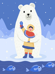 Nordic woman fishing with polar bear in winter