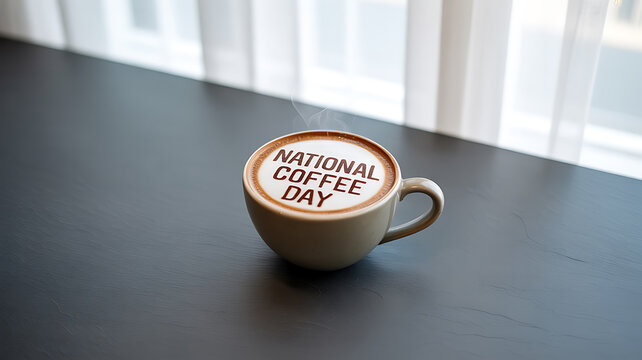 A cup of coffee with 'National Coffee Day' written in latte art on a dark table near a window