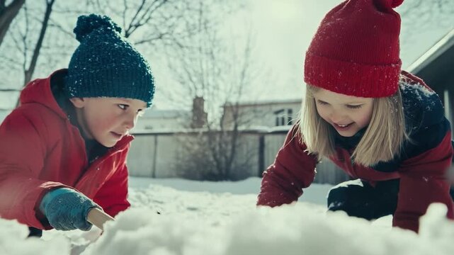 Two kids having fun in the winter weather, using a shovel to play in the snow