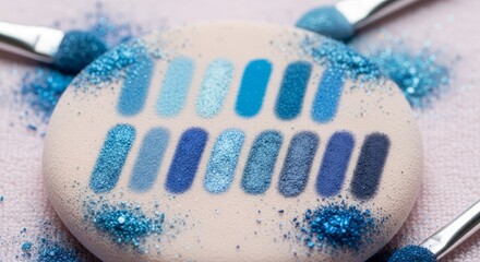 Vibrant blue eyeshadow palette with makeup brushes and glitter for creative beauty looks