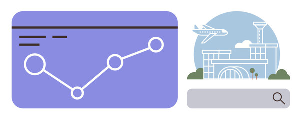 Data chart showing trendline, airplane flying over airport terminal, and search bar. Ideal for travel planning, airport layout, big data, aviation, tourism, logistics scheduling simple flat