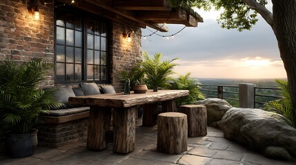 A realistic high-definition photo of a rooftop terrace with outdoor seating and string lights.