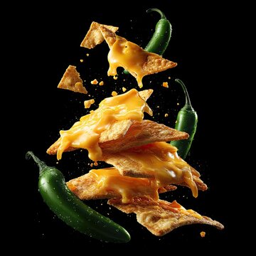 Melted cheese cascading over levitating tortilla chips, accompanied by vibrant green jalape?os against a stark black backdrop, creating a dynamic and appetizing composition