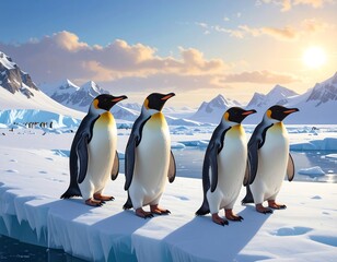 Fototapeta premium Group of Penguins in Frozen Polar Environment, Snow and Mountains Scenic Nature