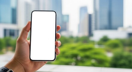 Hand holding a smartphone with a blank screen in front of city buildings