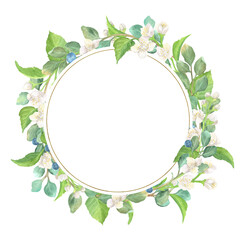 Fototapeta premium Jasmine and eucalyptus branchlets in a wreath. White blossoms and green leaves. Circle floral frame. Floral garden clipart. Hand-drawn watercolor illustration for greeting cards, invitation, poster
