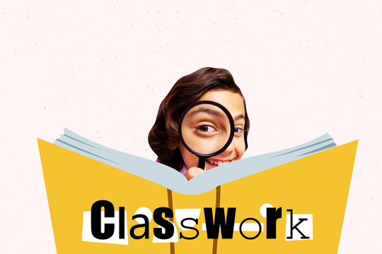 Creative design composite trend artwork collage of young boy research magnifier glass open book classwork education learn fall study
