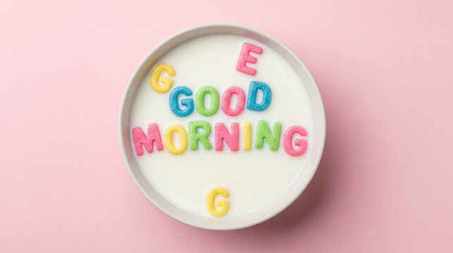 Good Morning Cereal Bowl with Colorful Letters on Pink Background