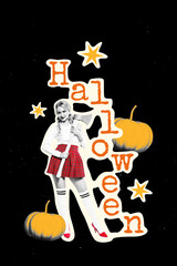 Fototapeta premium Sketch image trend artwork montage 3D photo collage of young woman sexy hold axe pumpkin october night mystery spooky carnival halloween