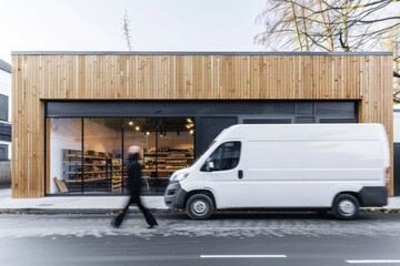 Delivery van mockup transportation vehicle indoors.