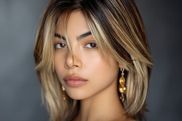 Fototapeta premium A portrait of a young and beautiful woman with light brown hair and dark roots, thin lips, facing the camera, presented in a surrealistic style, suitable for surreal art and portrait themes.