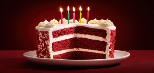 The delicious red velvet cake adorned with celebratory candles and creamy frosting.