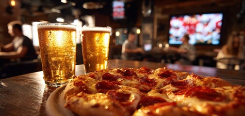 The delicious pizza and refreshing beer in a lively restaurant setting
