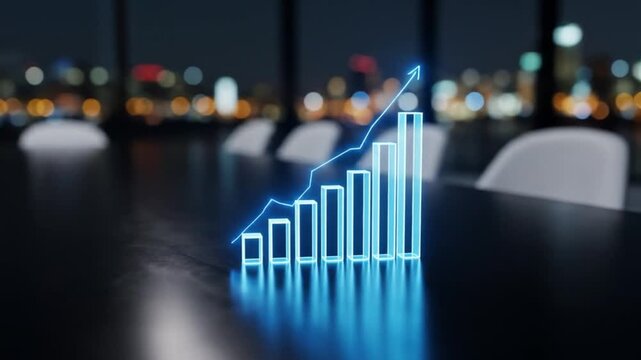 Futuristic graph representation on a sleek table in a dimly lit office with city skyline backdrop
