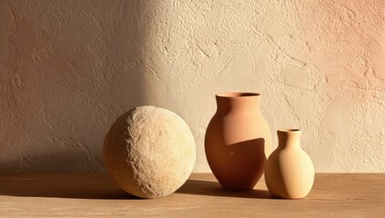 Three terracotta-toned pottery pieces, a sphere and two vases, sit on a light-brown wooden surface bathed in warm sunlight, casting subtle shadows against a textured, light beige wall